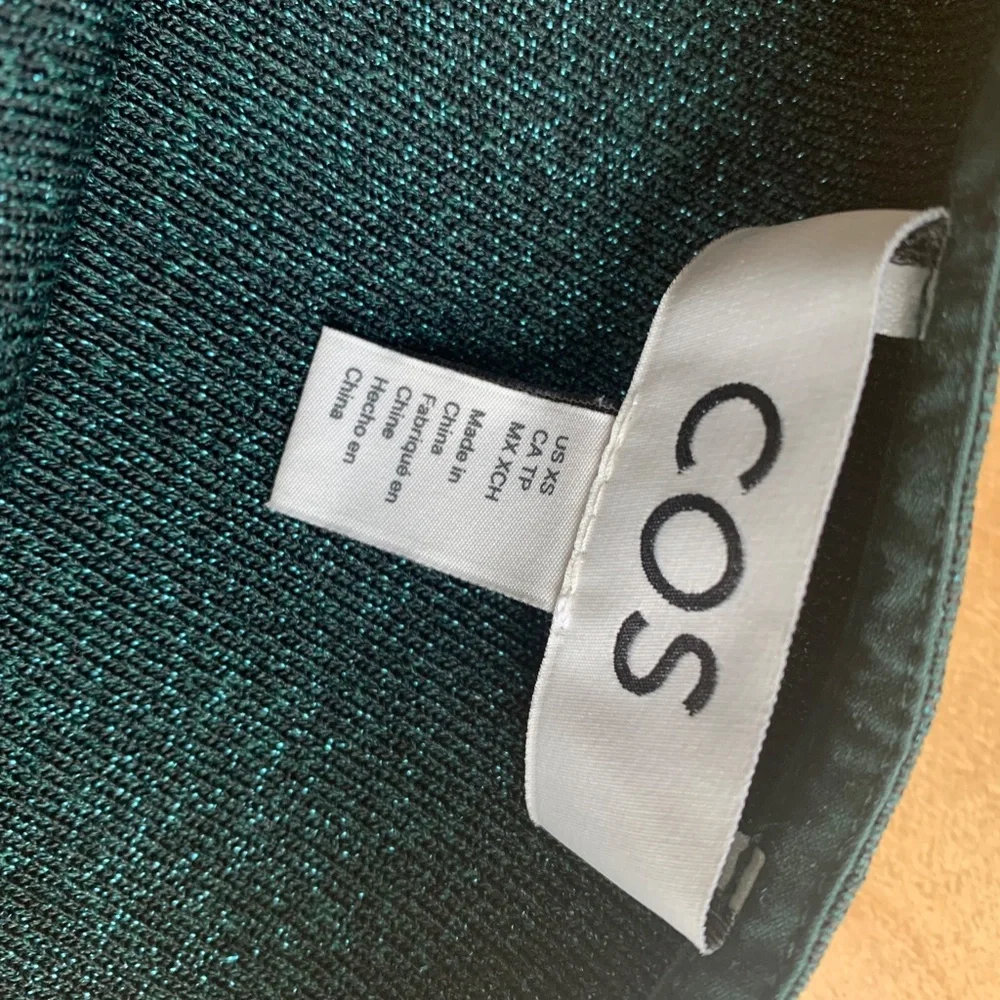 COS Knitted Bodycon Mini Dress Metallic Green Square Neck Elastic Sheath Dress - Picture 8 of 8